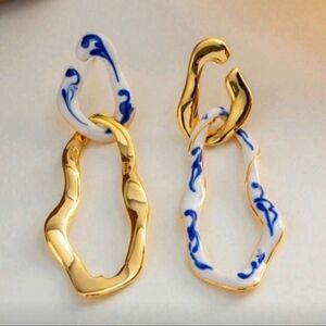 NEW! Gold Plated Abstract Asymetrical Porcelanite Blue Enamel Earrings